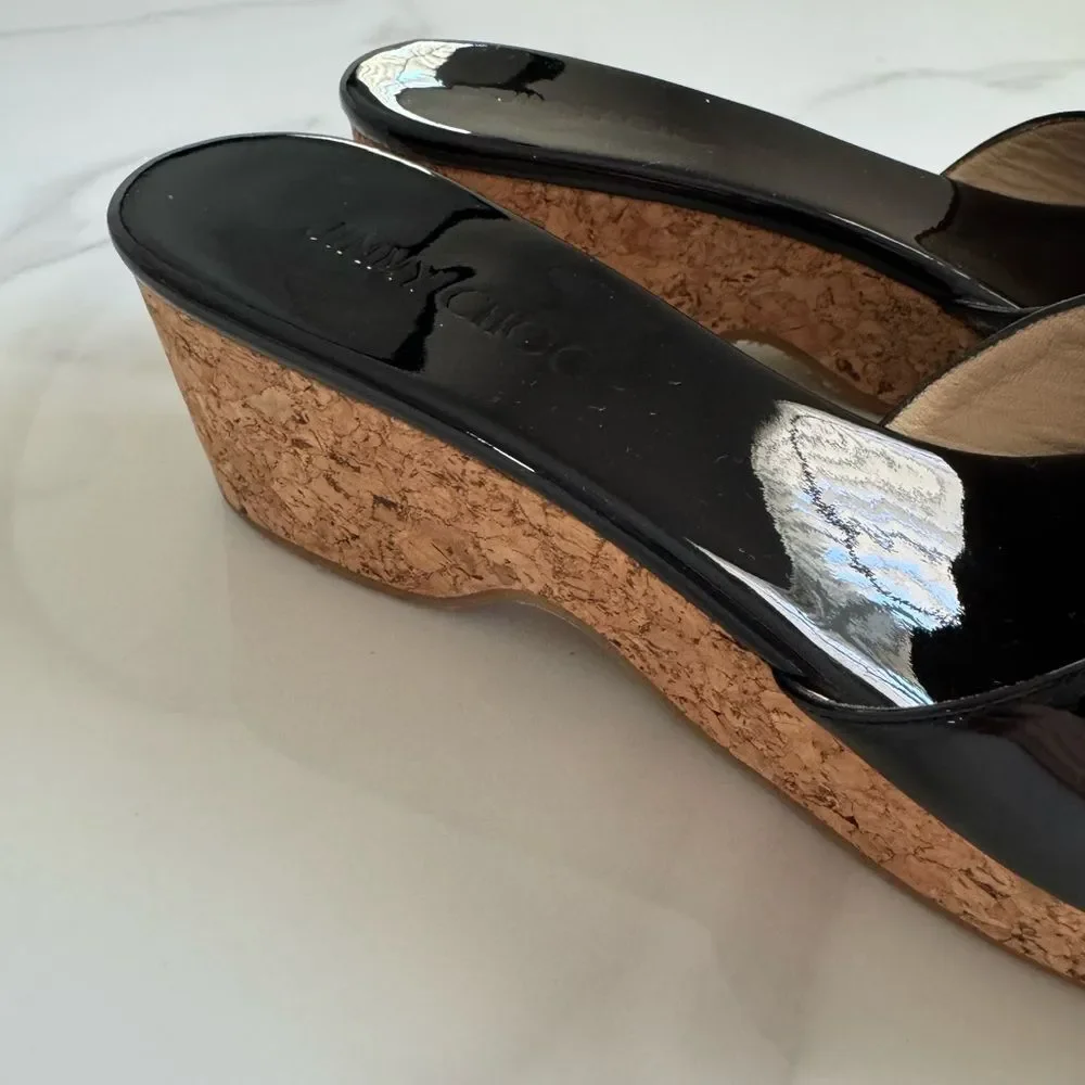Jimmy Choo Patent Leather Cork Wedge Slide Sandals Black EU 40.5